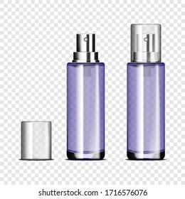 Empty Glass Spray Bottle With Clear Cap On Transparent Background, Vector Mockup. Cosmetic Product Container, Mock-up