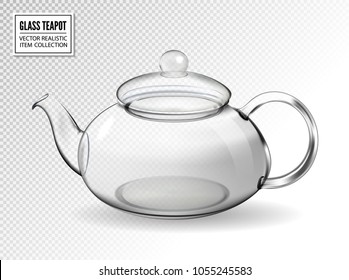 Empty glass teapot on transparent background. Realistic vector kettle with closed lid.