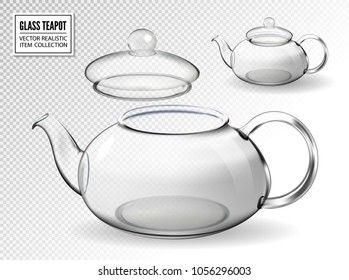 Empty glass teapot set on transparent background. Realistic vector kettle with open and closed lid.