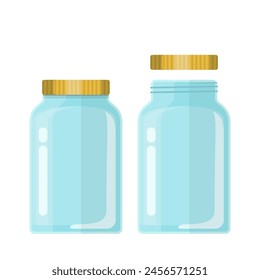 Empty glass transparent jar with gold lid. open and closed - closeup isolated on white background. Design template for advertise, branding, mockup Vector illustration in flat style