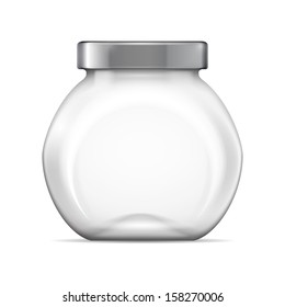 Empty glass transparent jar with gray cap. Vector illustration. Packaging collection.