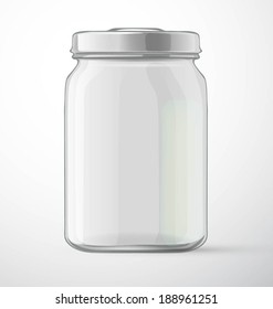 Empty glass transparent jar with gray cap. Vector illustration. 