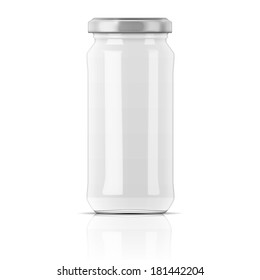 Empty glass transparent jar with silver cap. Vector illustration. Packaging collection.