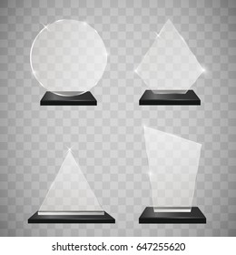 Empty glass trophy awards set. Glossy transparent trophy for award. Design elements. Transparent background. Vector illustration