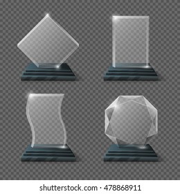 Empty Glass Trophy Awards Vector Set. Glossy Transparent Trophy For Award Illustration