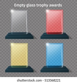Empty glass trophy awards vector set different colors. Isolated glossy transparent trophy for award. Vector illustration