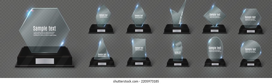 Empty glass trophy on a transparent background. Glossy trophy for award. Realistic empty illustration. Black booth 3D. Vector crystal trophy for winner and achievements. Cup for the champion.
