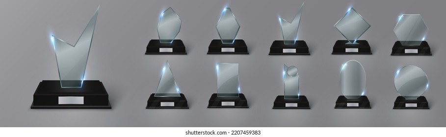 Trofeo de vidrio vacío sobre un fondo transparente. Trofeo brillante para el premio. Ilustración vacía realista. Cabina negra 3D. Trofeo de cristal vectorial por el ganador y los logros. Copa para el campeón.