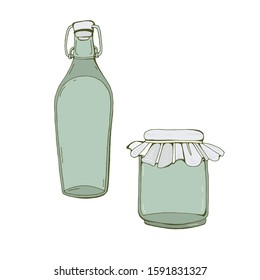 Empty glass utensils for storage and conservation in the vector. Jar and bottle for food and drinks. Hand drawn illustration. Isolated object on white background. Container for storing homemade food.