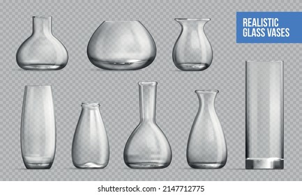 Empty glass vase transparent set for flowers or cold beverage with rounded shape realistic vector illustration