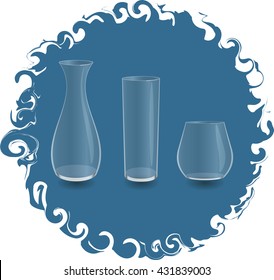 empty glass vase and two glasses
