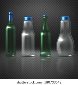 Empty glass vector bottles for alcoholic and nonalcoholic beverages, beer, wine, vodka, juice. Set of bottle container transparent for liquid, illustration of bottle with cap