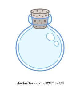 Empty glass vial with cork stopper. Cartoon style artwork. Vector illustration.