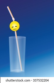 Empty glass with a weary straw in it. Illustration on blue gradient background.