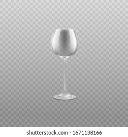 Empty glass wine on high leg realistic vector illustration isolated on transparent background. Bar or cafe empty utensil or glassware for menu or packaging.
