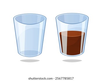 Empty glasses and glasses filled with coffee or soda isolated on white background.