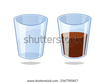 Empty glasses and glasses filled with coffee or soda isolated on white background.