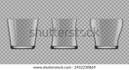 Empty glasses. Glass cup realistic. flute and shot glass.