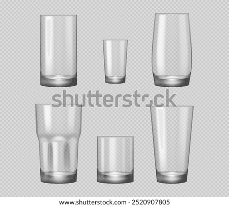 Empty glasses for juice and alcohol drinks isolated on transparent background. Vector empty glass cups for water, beer and cocktails, clean kitchenware and glassware items