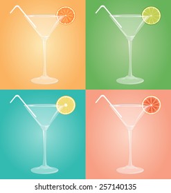 Empty glasses for martini with citrus and plastic tube on different multicolored backgrounds
