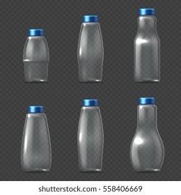 Empty glassware fragile packaging, transparent glass bottles milk, juice and water vector illustration. Set of empty bottle with cap for water, realistic glossy clear bottles.