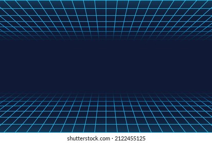 Empty glow neon wireframe grid banner technology background template.