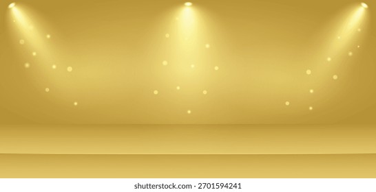 Fondo de escenario de estudio 3D de oro vacío con tres focos y efecto Bokeh.