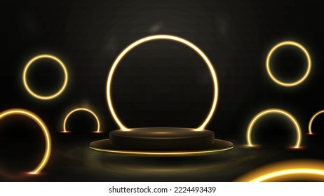 Empty gold and black podium floating in the air with yellow neon rings around