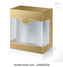 Empty gold box with a transparent plastic window for new design. Product Packing Vector.