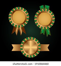An empty gold coin surrounded by ribbons With golden and green ribbon isolated vector set