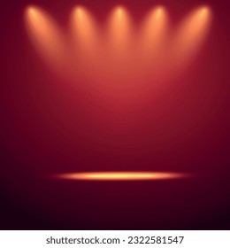 Empty gold color flood light on stage theater vector background. 