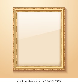 Empty gold frame hanging on the wall. Vector illustration