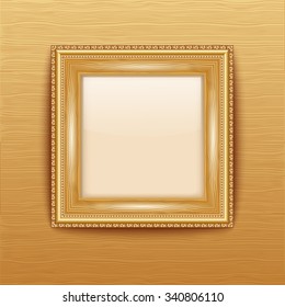 Empty gold frame hanging on the wall. Vector illustration