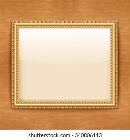 Empty gold frame hanging on the wall. Vector illustration