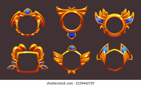 Empty gold frames for award badges, medals for win in game, top place in competition. Vector cartoon icons set of fantasy golden borders with blue elements isolated on background