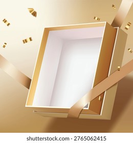 Empty gold gift box mockup with ribbon and confetti on gold background, 3D open surprise box for product display, luxury reward, anniversary celebration and festive promotion illustration.