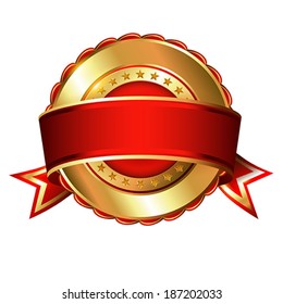 Empty gold label with ribbon.  Vector illustration.