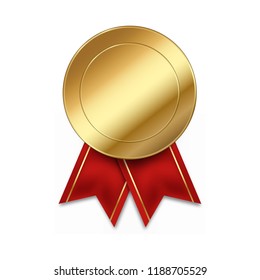 Empty gold medal winner first place with red ribbons isolated on white background vector illustration