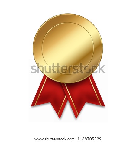 Empty gold medal winner first place with red ribbons isolated on white background vector illustration