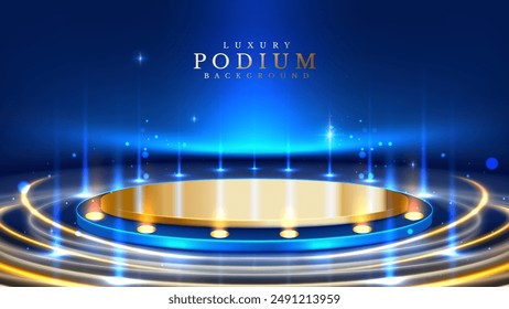 Empty Gold Pedestal with Bright Circular Neon Lights Surrounding It, Decorated with Bokeh Elements and Stars. Elegant Style Background for Product Promotion or Award Ceremony. Vector illustrations.