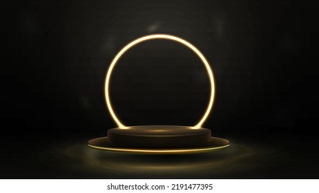 Empty gold podium with line yellow neon ring on background. 3d render. Dark abstract scene with pedestal floating in the air and neon circle frame