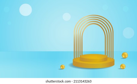 Leeres goldenes Podium auf blauem Hintergrund. Vektorbanner für Verkaufsförderung Produkte Verkauf oder Karte des Angebots für Liebesurlaub. Grafisches Design in modernem Stil und pastellfarben