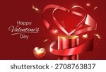 Empty gold podium with red heart shaped ribbon and cute pink 3D heart elements on red background. Romantic product display banner template.