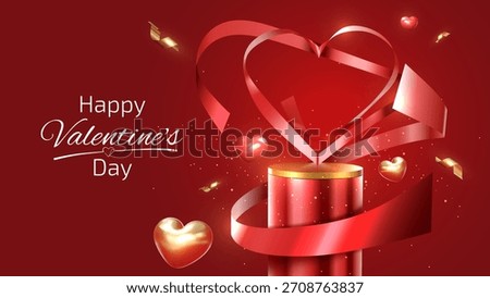 Empty gold podium with red heart shaped ribbon and cute pink 3D heart elements on red background. Romantic product display banner template.
