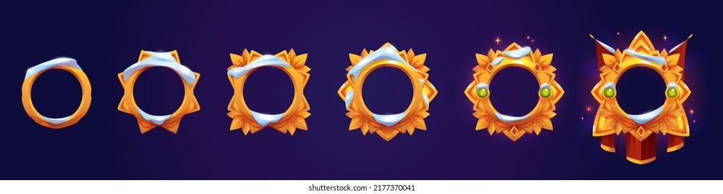 Empty gold ranking frames for game avatars isolated on background. Vector cartoon set of award badges with golden circle borders with gems, red pennant and snow cap