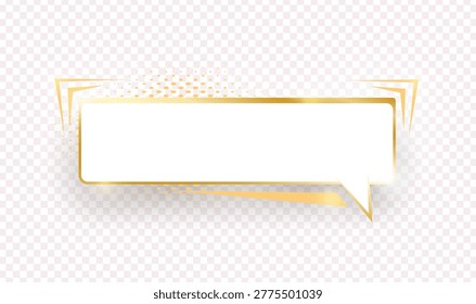 Empty gold shinig comic speech bubble. Golden isolated on transparent background. Vintage art style graphic elements. Light effects. Vector illustration