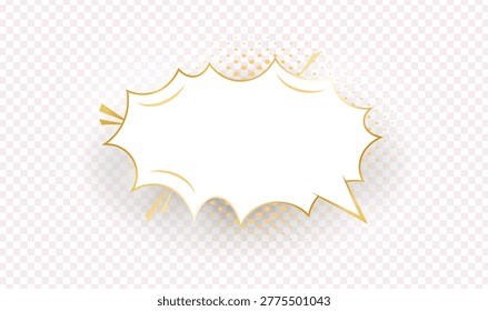 Empty gold shinig comic speech bubble. Golden isolated on transparent background. Vintage art style graphic elements. Light effects. Vector illustration