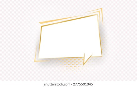 Empty gold shinig comic speech bubble. Golden isolated on transparent background. Vintage art style graphic elements. Light effects. Vector illustration