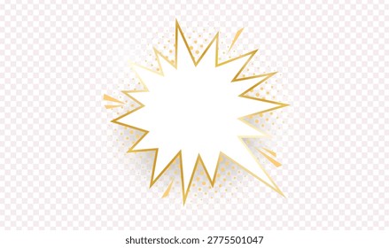 Empty gold shinig comic speech bubble. Golden isolated on transparent background. Vintage art style graphic elements. Light effects. Vector illustration
