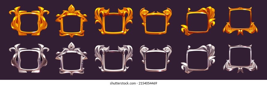 Empty gold and silver frames of award labels for first and second place in game. Vector set of cartoon golden and metal decorative borders of square buttons isolated on background